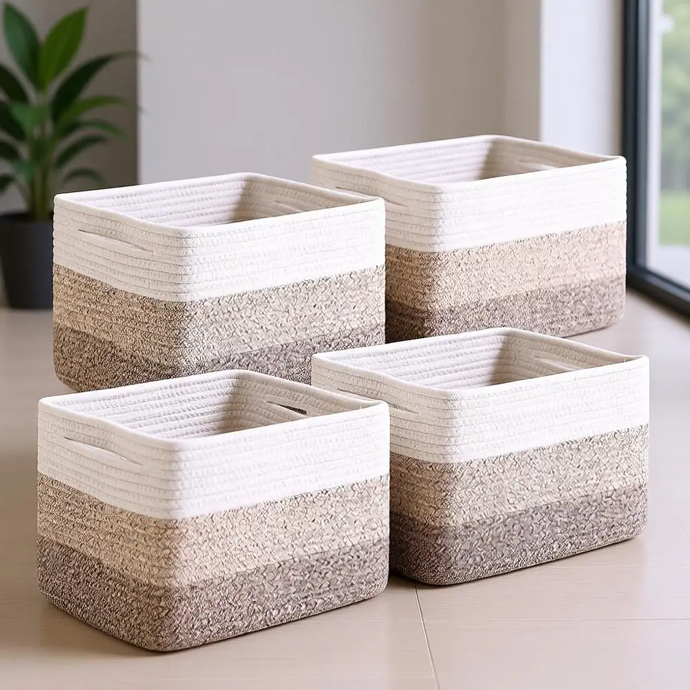 

Набор из 4 корзин для хранения из хлопкового каната с градиентным коричневым оттенком для книг и игрушек, 12.7x9.1x7.9