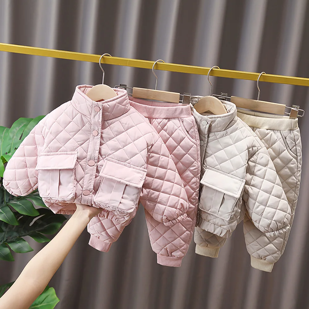 2-6Y Cute Girls Cotton Padded Clothes Sets Winter Solid Plaid Single-Breasted Coats+Pants 2Pcs Thick Warm Kids Outerwear Suits