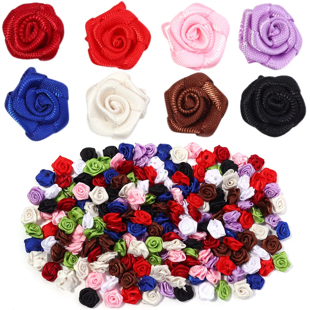 

20/60/100Pcs15mm Mini Lace Ribbon Rose Flowers Small Satin Ribbon Artificial Flower for DIY Crafts Garment Decor Sewing Supplies