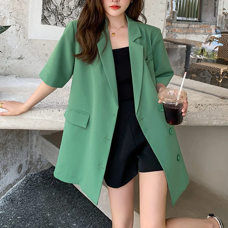 Summer New Solid Color Fashion Short Sleeve Blazers Women High Street Casual Loose Button Youth All-match Mid-length Cardigan