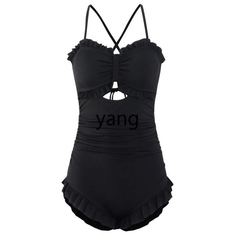 

LMM black one-piece swimsuit women's hot spring conservative belly-covering and thin swimsuit
