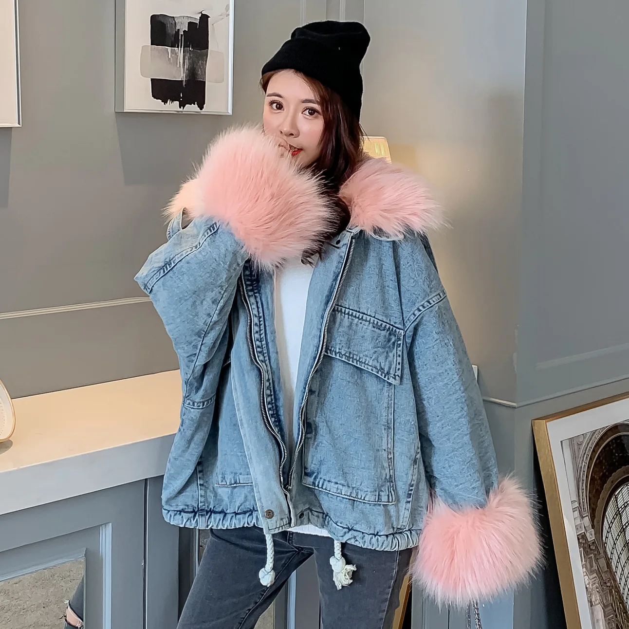 

European Style Plush Cotton Fur Collar Denim Coat Women's Autumn Winter New Zipper Large Pocker Thickening Jean Jacket