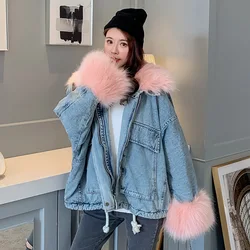 European Style Plush Cotton Fur Collar Denim Coat Women's Autumn Winter New Zipper Large Pocker Thickening Jean Jacket