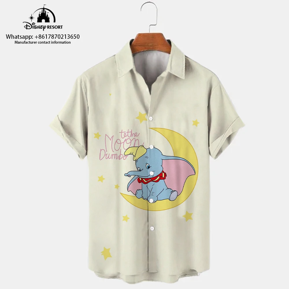 Camisa de single-breasted masculina com estampa dumbo cartoon lapela manga curta, tops casuais na moda com todos os jogos, rua Harajuku, novo, Y2K, 2024