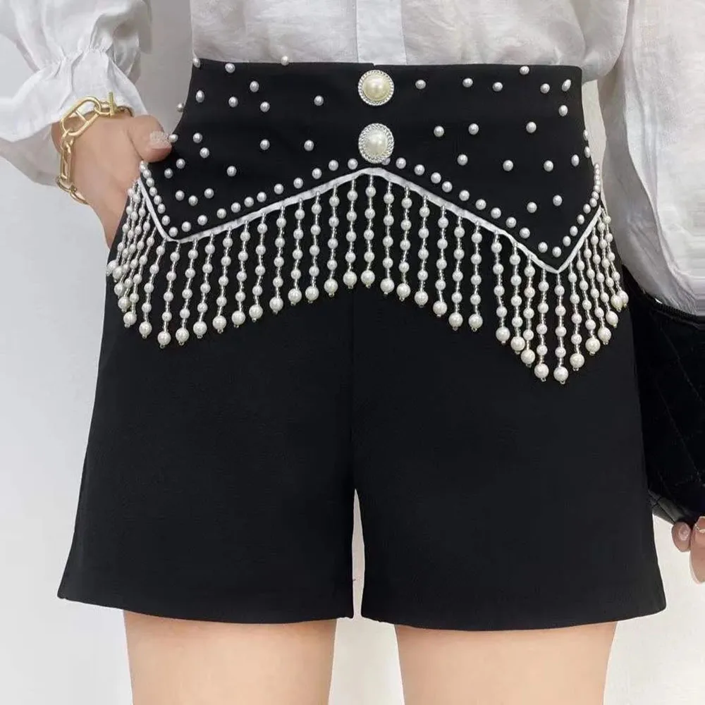 Summer New Beading Tassel Shorts Women Clothing Harajuku Buttons High Waist Short Pants Mujer Fashion Black Pantalones Cortos