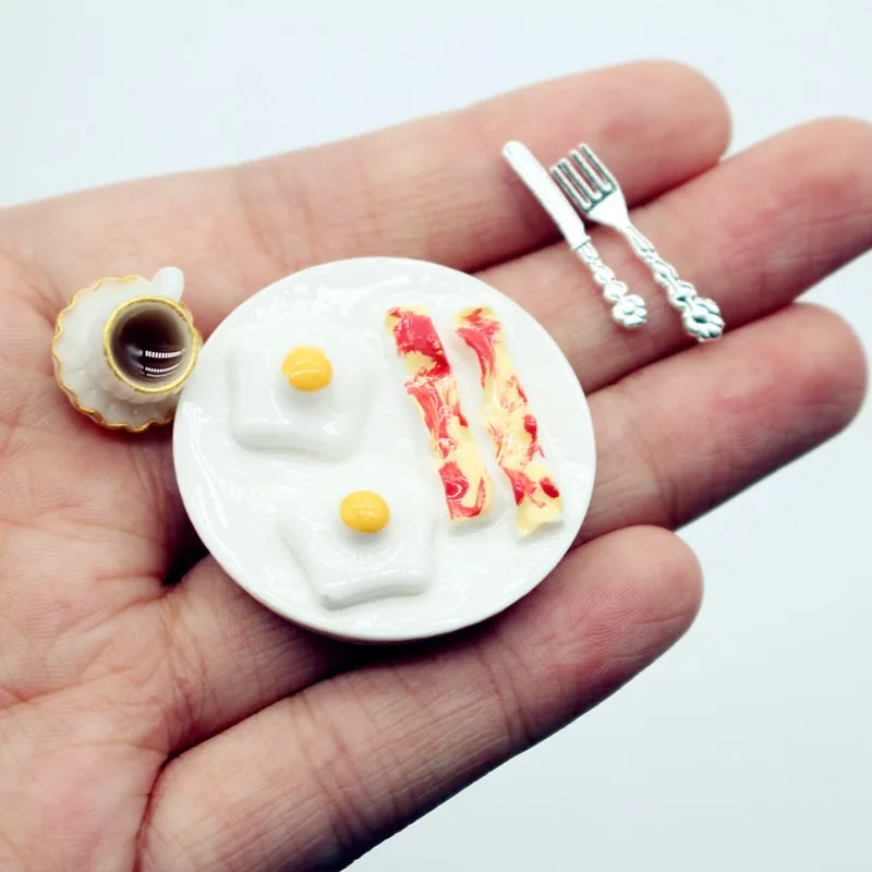 Casa de muñecas en miniatura, desayuno, huevo, tocino, comida, modelo de plato de juego, adorno pequeño
