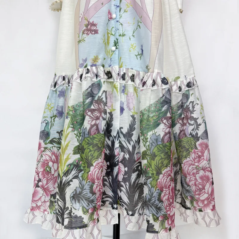 Olśniewający garnitur w kwiatowy wzór z kołnierzykiem, długa spódnica maxi, zdobiona koronką midi, elegancka sukienka Vaion, długa, cienka tkanina.