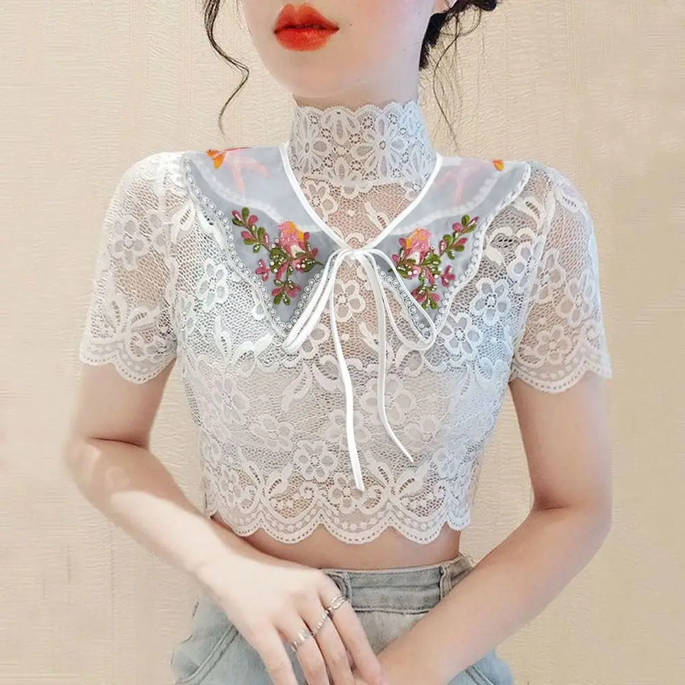 Cute Colorful Embroidery Fake Collar Hollow Detachable Neckwear Organza Scarf Shawl For Girls Shirt Skirts Sweater All Match