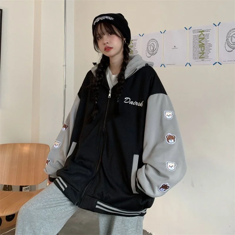 HOUZHOU Japanese Y2k Baseball Jacket Women Kawaii Oversized Korean Fashion Cute College Bomber Jackets Zipper Hooded Harajuku