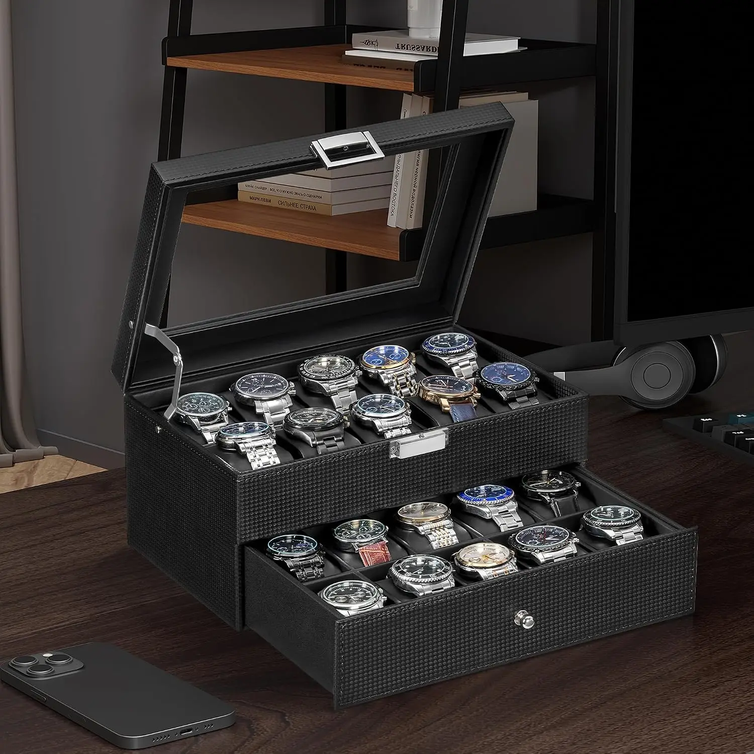 LUNEVA Store BEWISHOME Watch Case, 20-Slot Watch Box Organizer for Men Watch Case with Large Glass Lid Watch Travel Case Removable Watch Pillows, Mens Jewelry Box Watch Display Case, Watch Storage, Black SSH04C