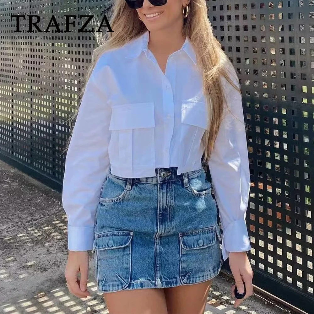 TRAFZA 2025 Women Office Lady Solid Shirt Loose Pockets Short Shirt Single Breasted Blouses Casual Fashion Women Solid Shirts