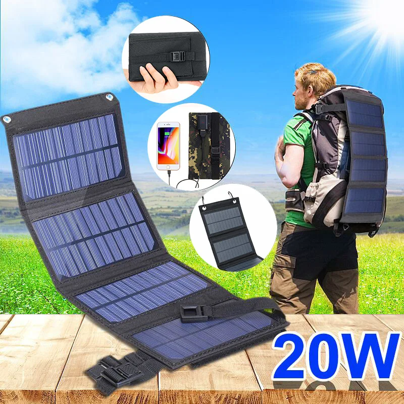 Foldable Solar Panel 5V 20W Power Bank For Cell Phone Outdoor Waterproof Usb Battery Charge For Camping Accessories
