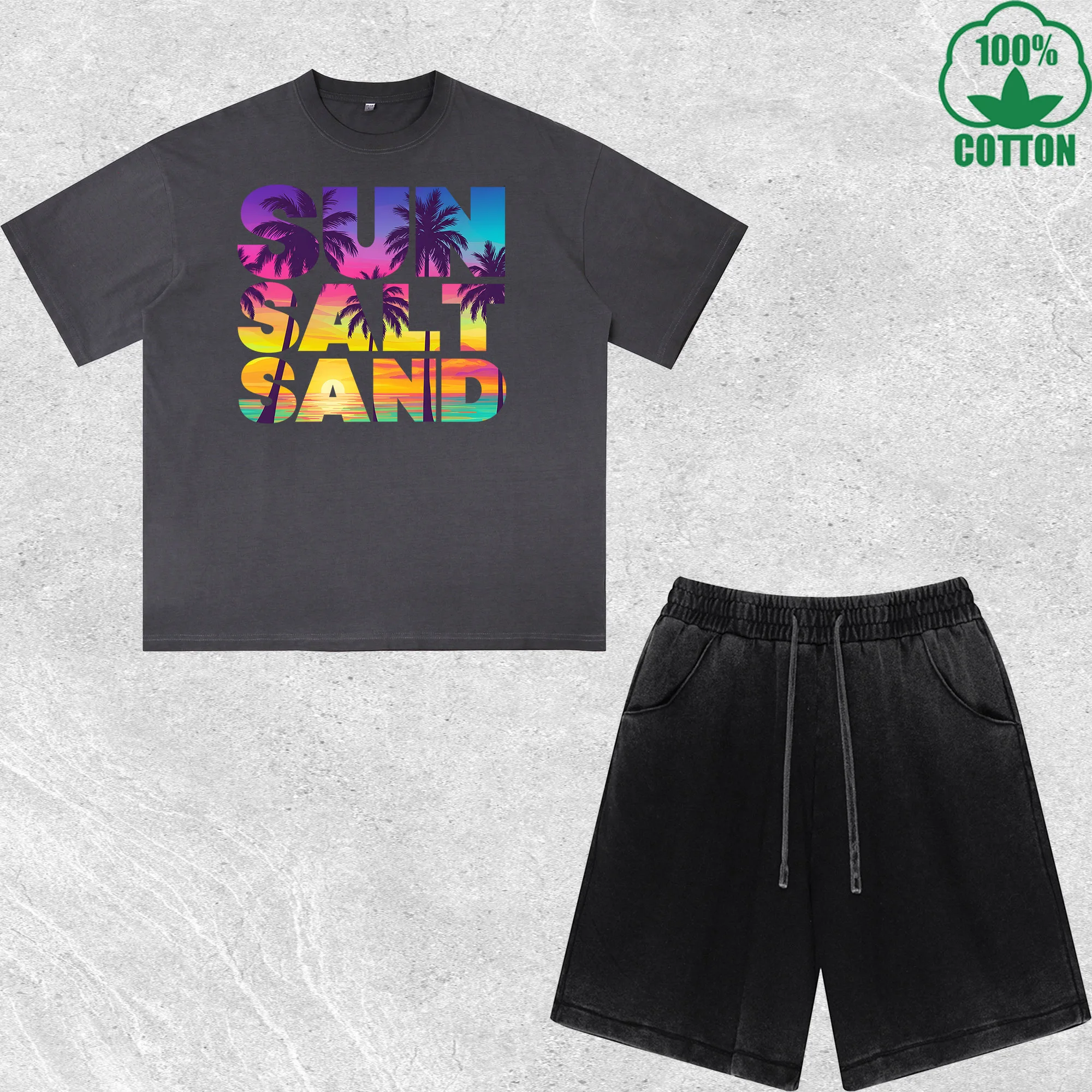 

Sun Salt Sand Printed Dirty Wash T-Shirt Shorts Set Multicolor Combo Loose Trendy Fashionable 100%Cotton