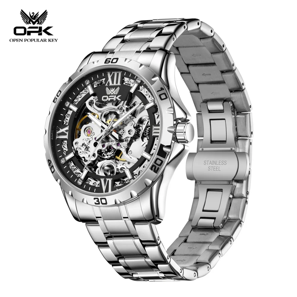 OPK 6100 Fully Hollowed Watch for Man Waterproof Luminous Steel Strap Mechanical Automatic Men's Wristwatch High Quality