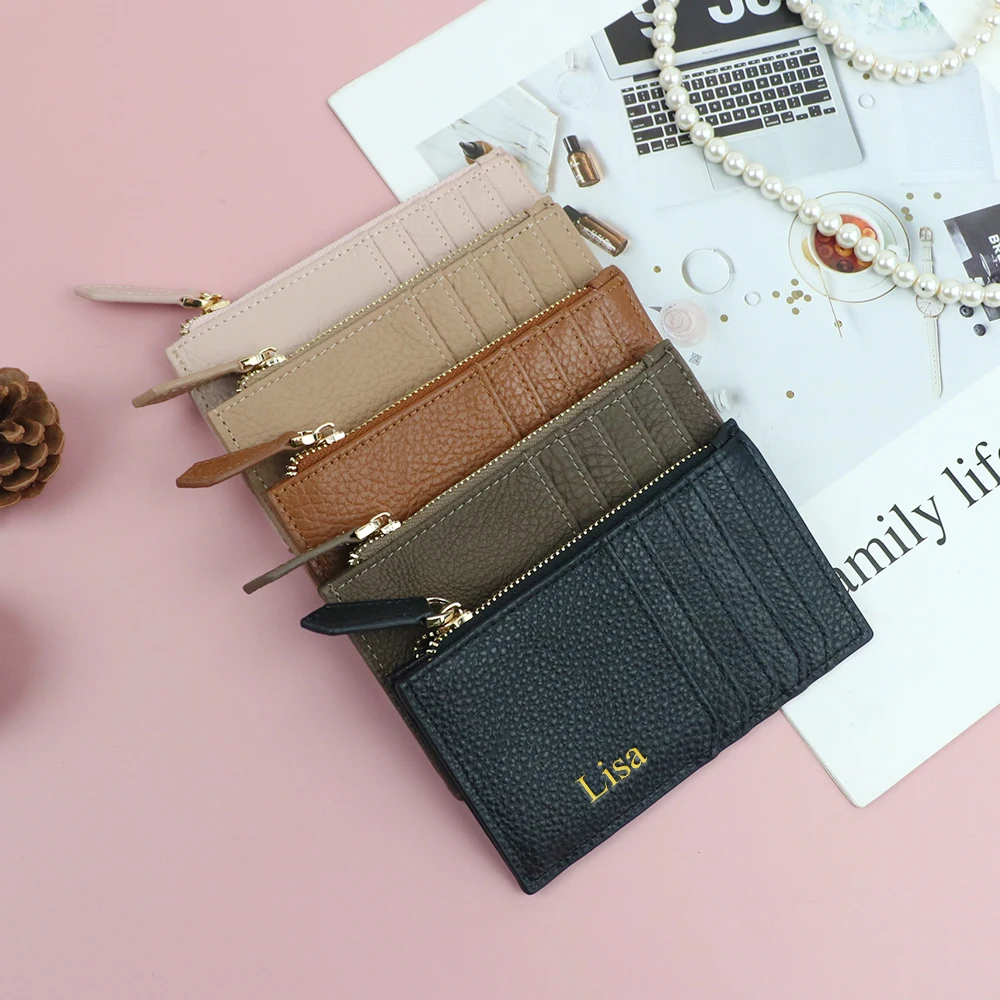 Customized name 100% genuine leather lychee grain mini soft leather coin purse multi-slot portable wallet card case