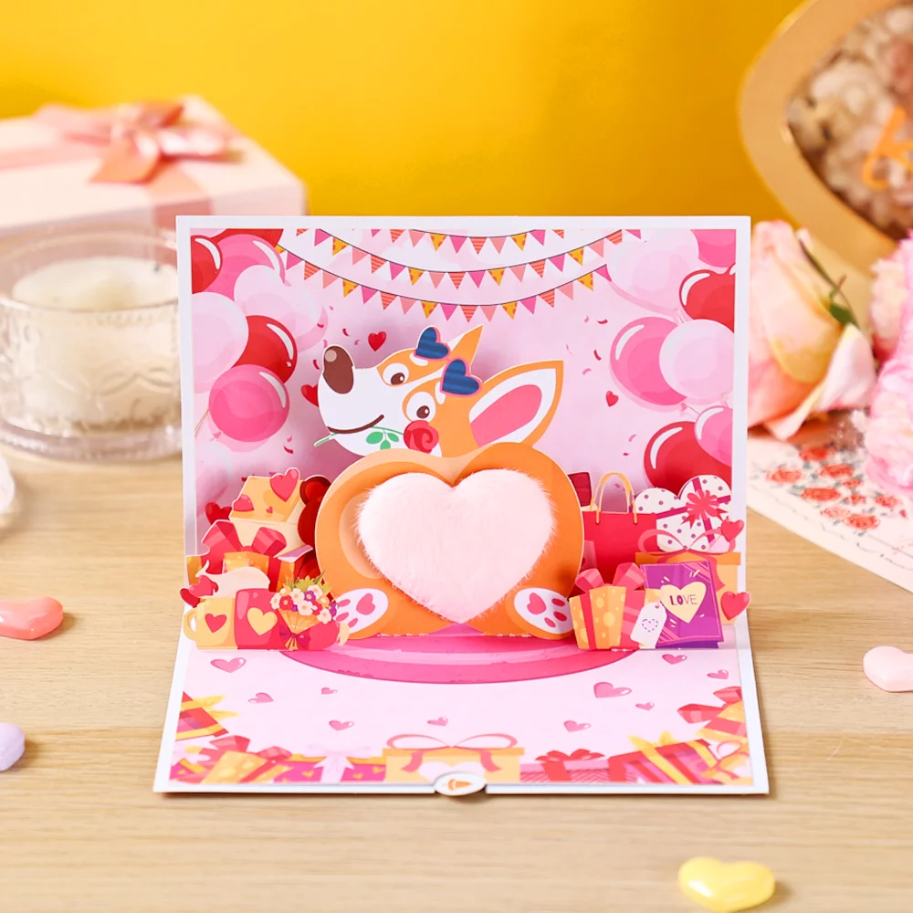 3D-Pop-up-Grußkarte, schöner Herz-Welpen-Ballon-Cartoon, schönes Valentinstagsgeschenk, für Ehefrau, Liebhaber, Freundin
