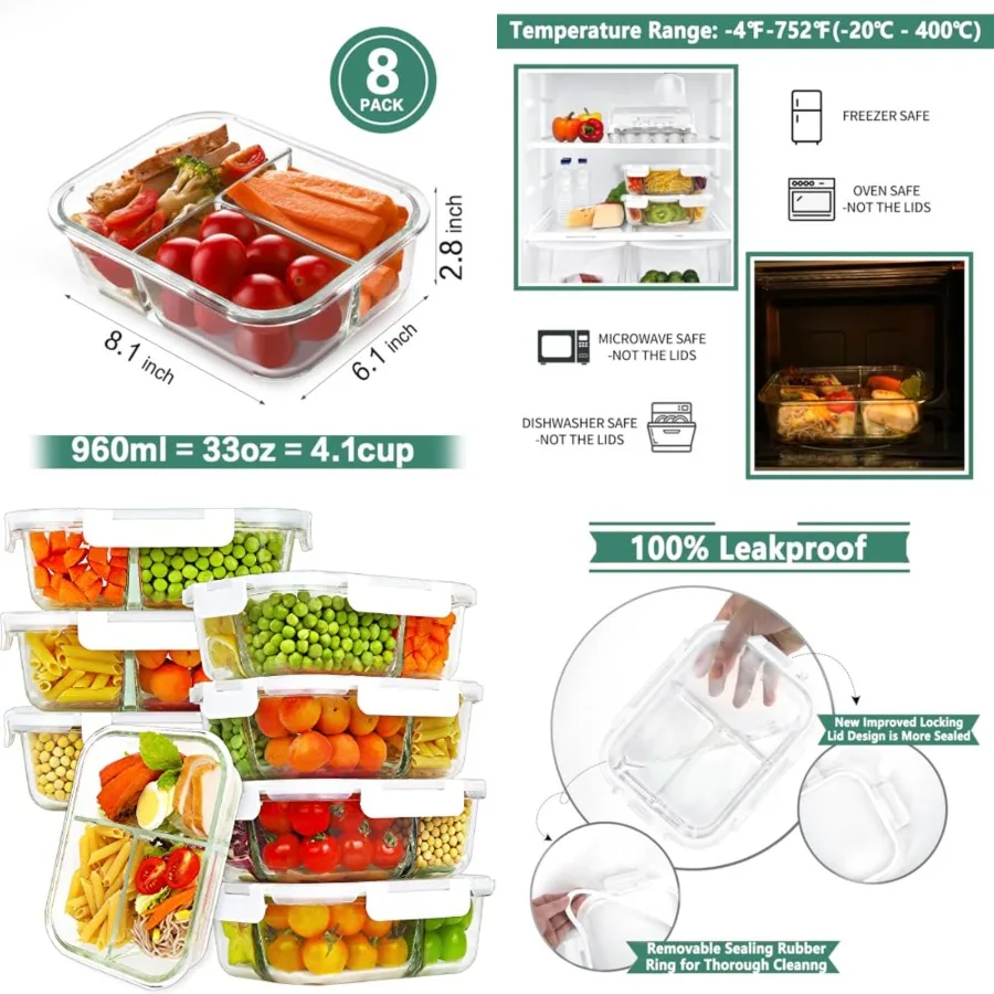 

8 Pack Glass Meal Prep Containers 3 Compartment, 33oz Glass Food Storage Containers with Lids, Airtight Lunch Bento Boxes, BPA-