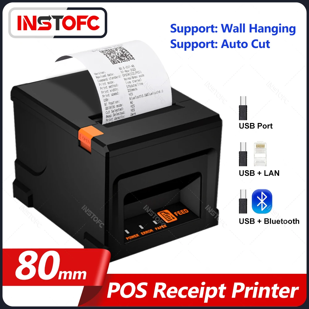 

GZQIANJI 80mm POS Receipt Pos Billing Thermal Printer Desktop Bluetooth USB Lan Port Kitchen Print Mahcine with Auto Cutter