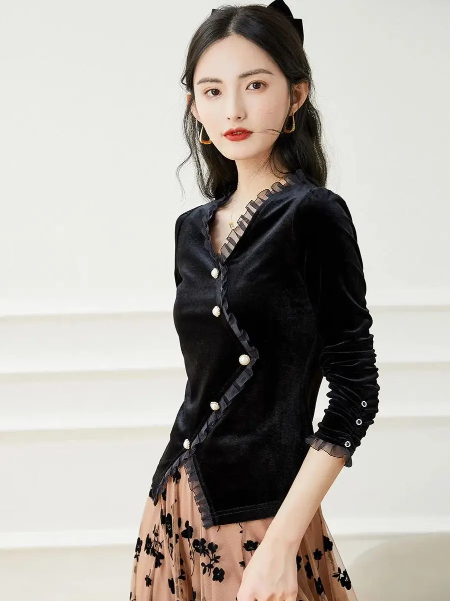 LOUIS YAO Women Shirt 2024 Spring New Retro Elegant V Neck Auricularia Auricula Lace Velvet Irregular Shirt for Women