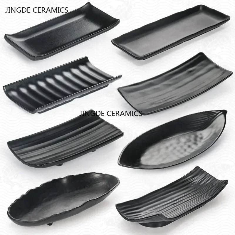 Non-breakable Melamine Tableware Black Sushi Barbecue Plate Japanese Plastic Strip-shaped Dinner Plates Kitchen Accessories