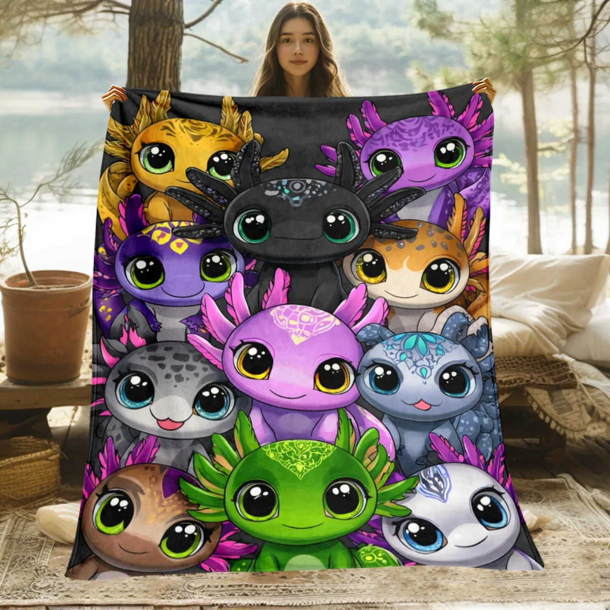 Colorful Axolotl Blanket Cute Salamander Art Fleece Throw Kids Gift Soft Warm All Season Bedroom Decor
