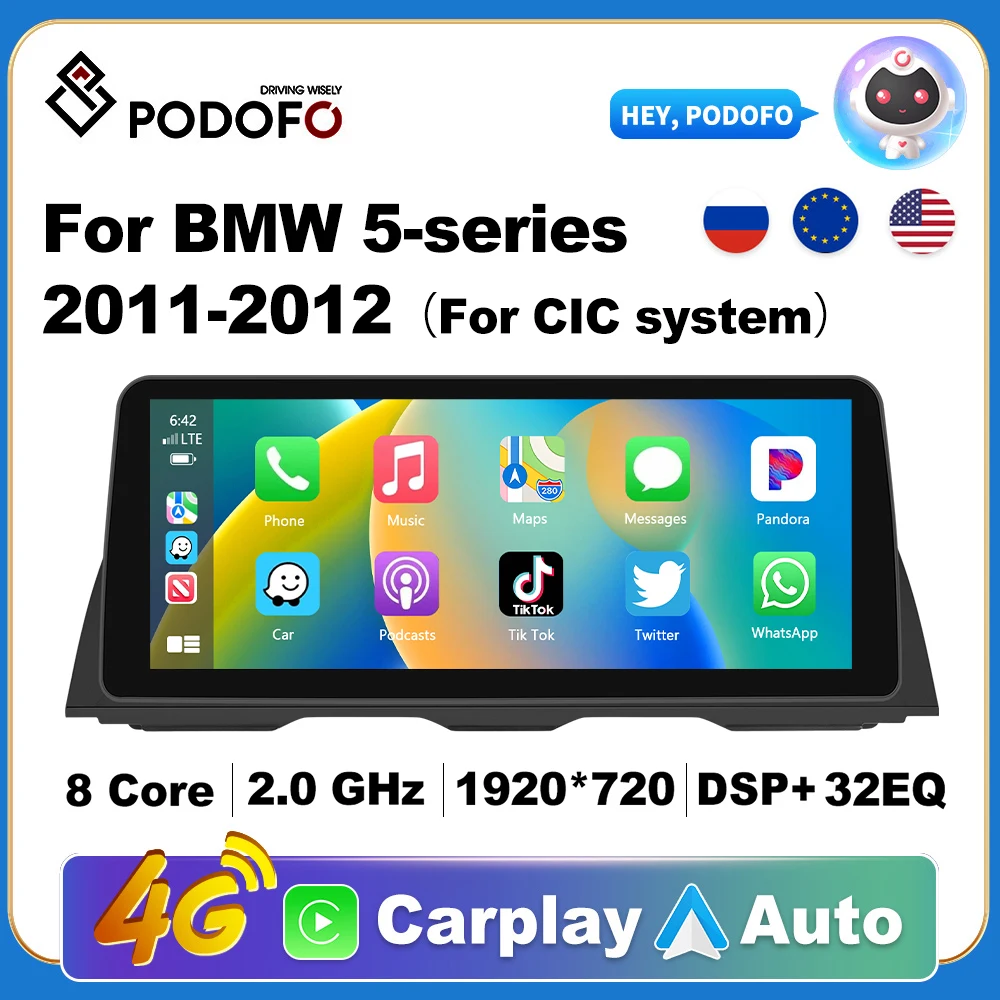 Podofo Wireless CarPlay Andorid Auto Car Radio For BMW 5-series 2011-2012 CIC system AI Voice Multimedia GPS 2din autoradio