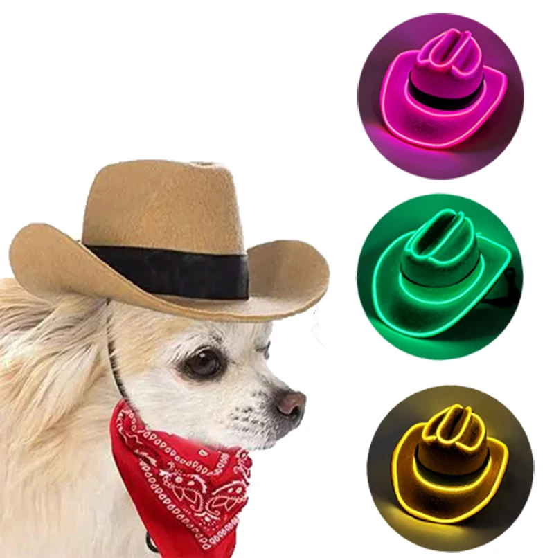 Funny Luminous Light Up Pet Hat For Dog Cat Mini Glowing LED Cowboy Cap Photo Props Neon Animal Hat Accessories