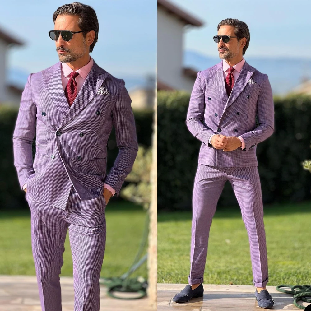 Paarse Klassieke Mens Suit Double Breasted Maatwerk Twee Stukken Jas Broek Designer Formele Gelegenheid Kostuum Gemaakt