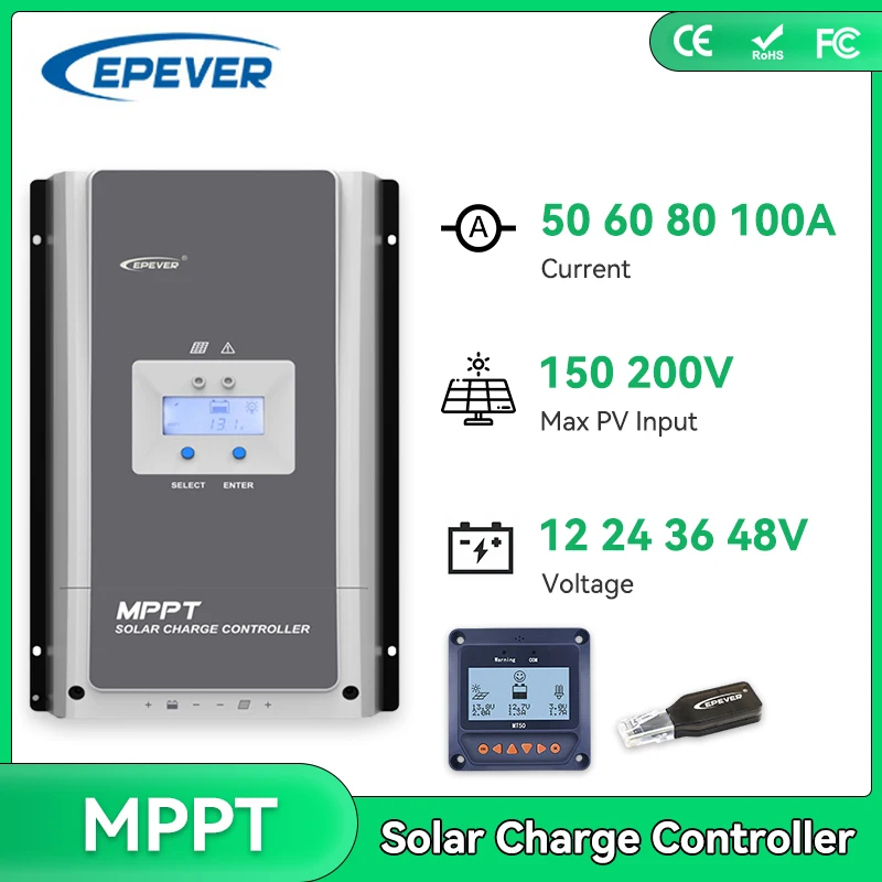 epever mppt controlador de carga solar regulador automatico da bateria max pv 150v 200v tracer mt50 100a 80a 60a 50a 12v 24v 36v 48v 01