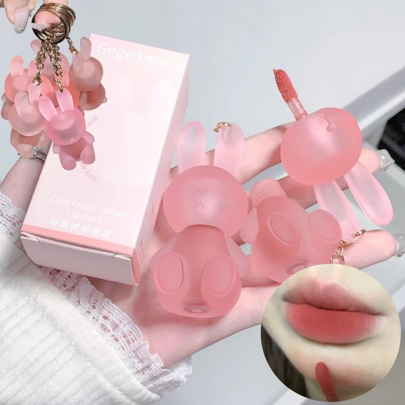 Cute Rabbit Matte Velvet Lip Glaze Pink Keychain Lip Mud Lovely Bunny Lip Gloss Tint Non-Stick Cup Waterproof Lasting Cosmetic