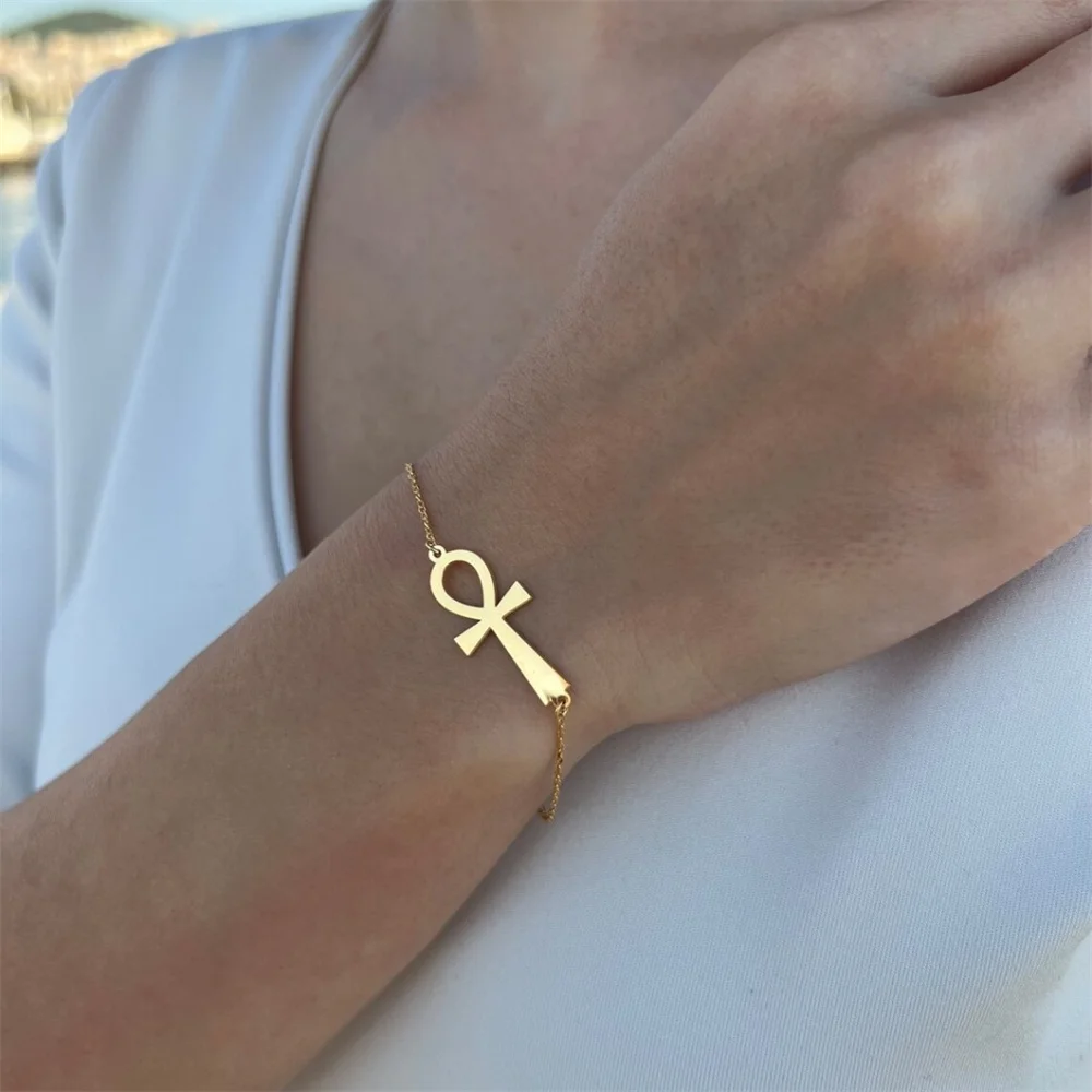 Minimalist Ancient Egypt Ankh Bracelet for Women Gold Color Stainless Steel Cross Wrist Chain Bangle Vintage Egyptian Jewelry