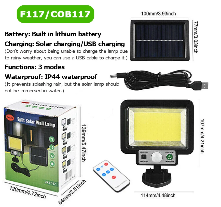 117 COB Solar Wall Lamp Motion Sensor Led Solar Lights 3 Modes with Remote Control Outdoor Waterproof Lamp for Garden Yard Decor