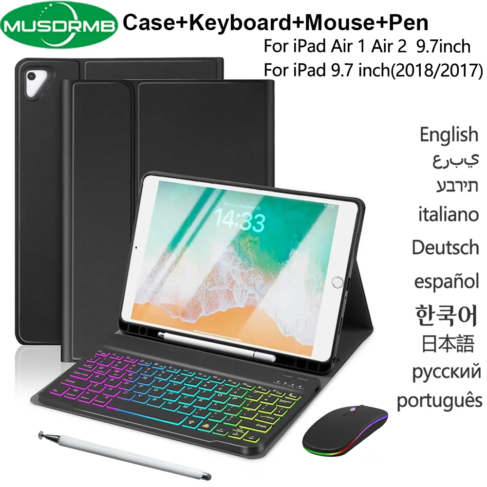 ipad-97インチ（第6世代2018年-第5世代2017年）用ケースキーボード、マウススタイラス付き、ワイヤレス着脱式キーボードカバー（ipad-air-2-1対応）