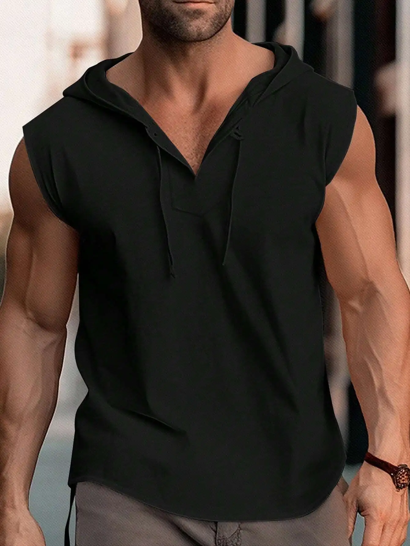 

Men's Solid Black Sleeveless Hooded Tank Top with Drawstring Neck