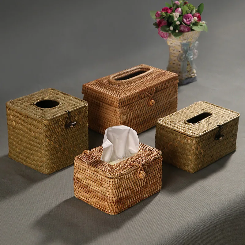 

Vietnamese Woven Rattan Seagrass Tissue Box Holder Rattan Paper Napkin Dispenser Storage Container Living Room Home Decor