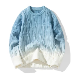Korean Gradient Knitwear Loose Chunky Twist Knit Pullover 2024 New Round Neck Sweater Autumn Winter Warm Couple Tops