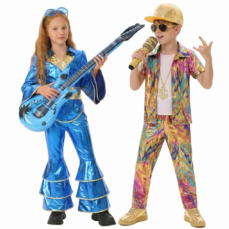 

Retro Disco Style Medieval 70s Cosplay Costume Blue Dress Jumpsuit Fashion Top Pants Full Set for Women Men Halloween Party