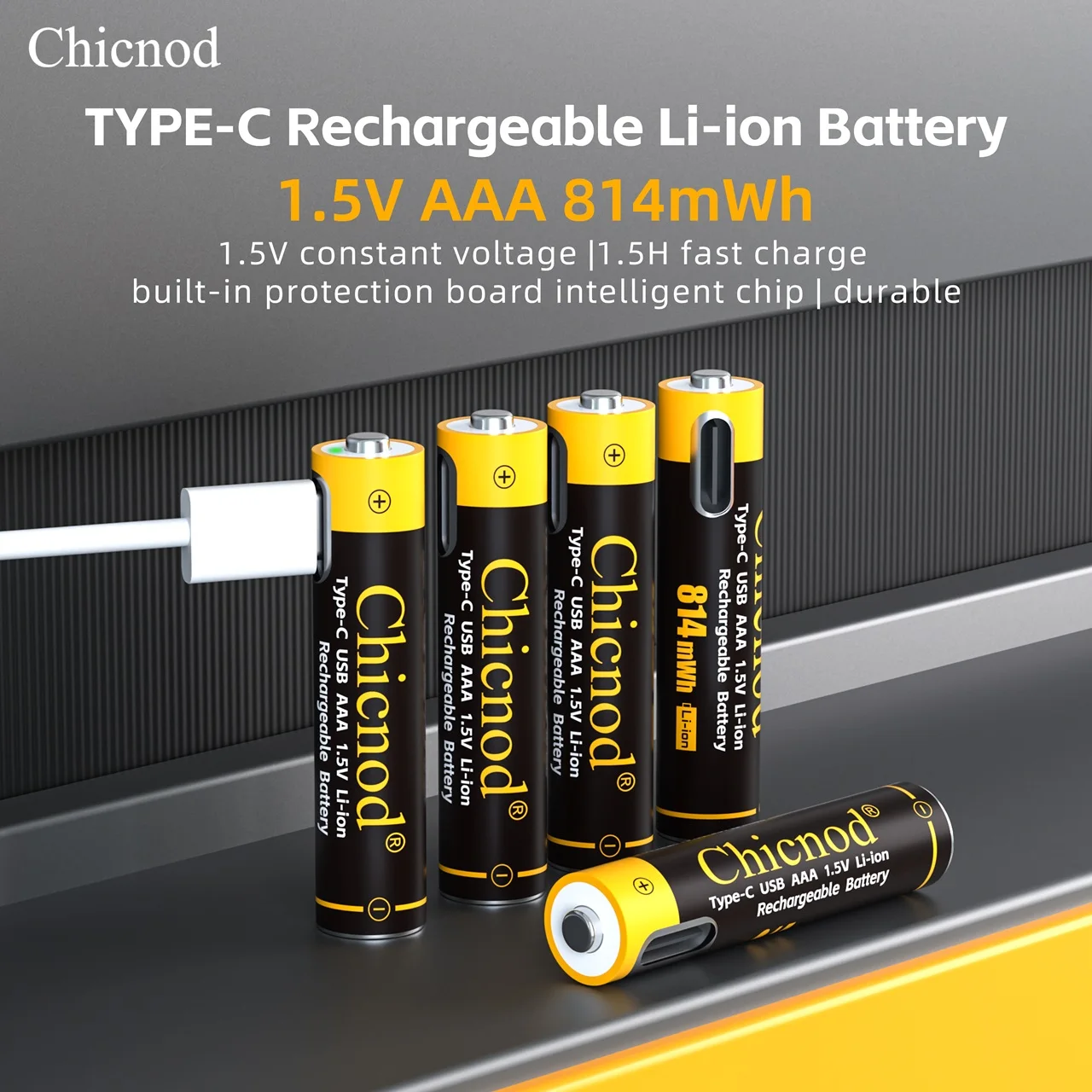 Chicnod AAA Rechargeable Battery 1.5V 814mWh USB Type-C Li-ion Battery Built-in Charging Port Long Lasting Battery Pack