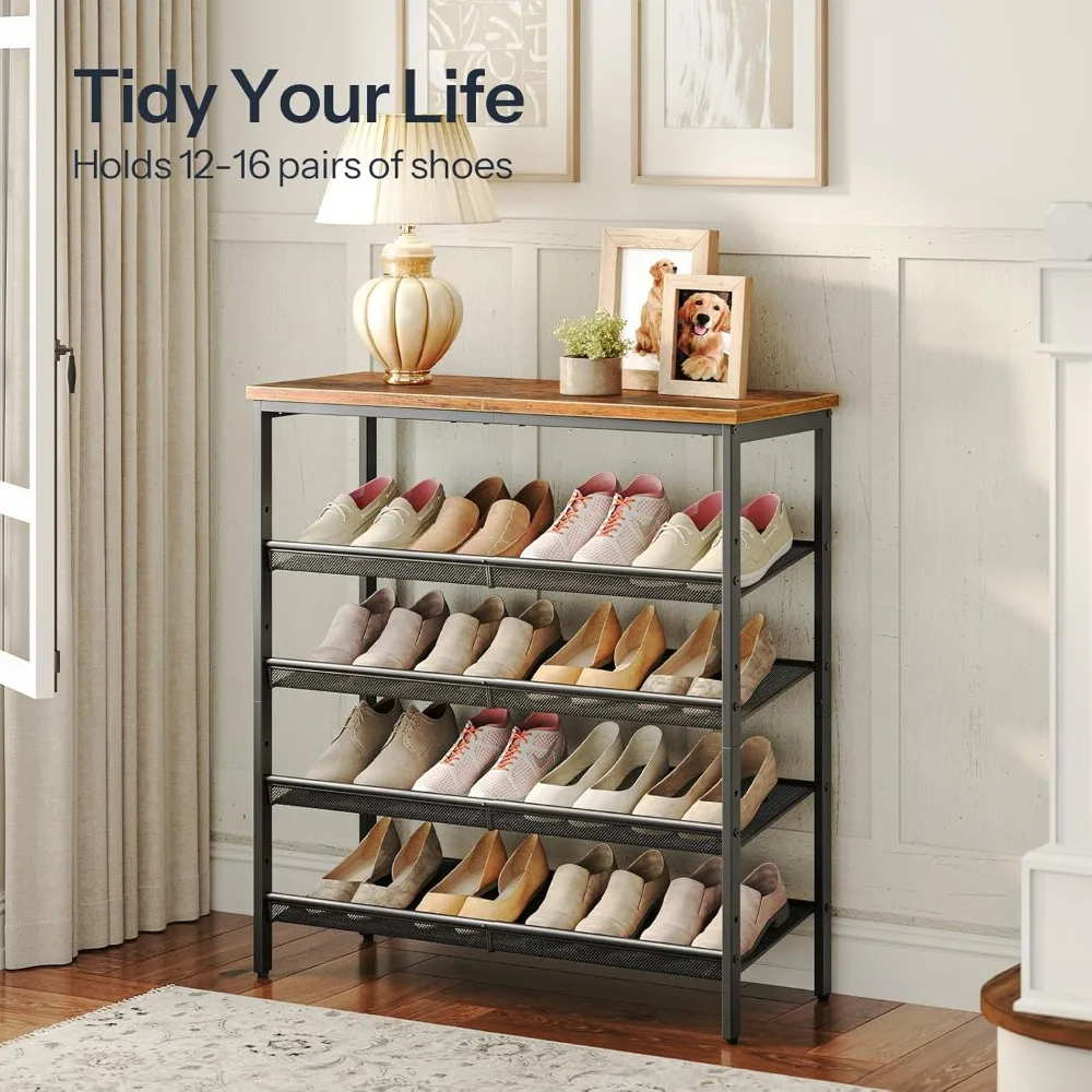 Shoe Rack for Entryway, 5-Tier Shoe Organizer with Adjustable Mesh Shelves, 16-20 Pairs of Shoes, Spacious Floor Mount, Metal,