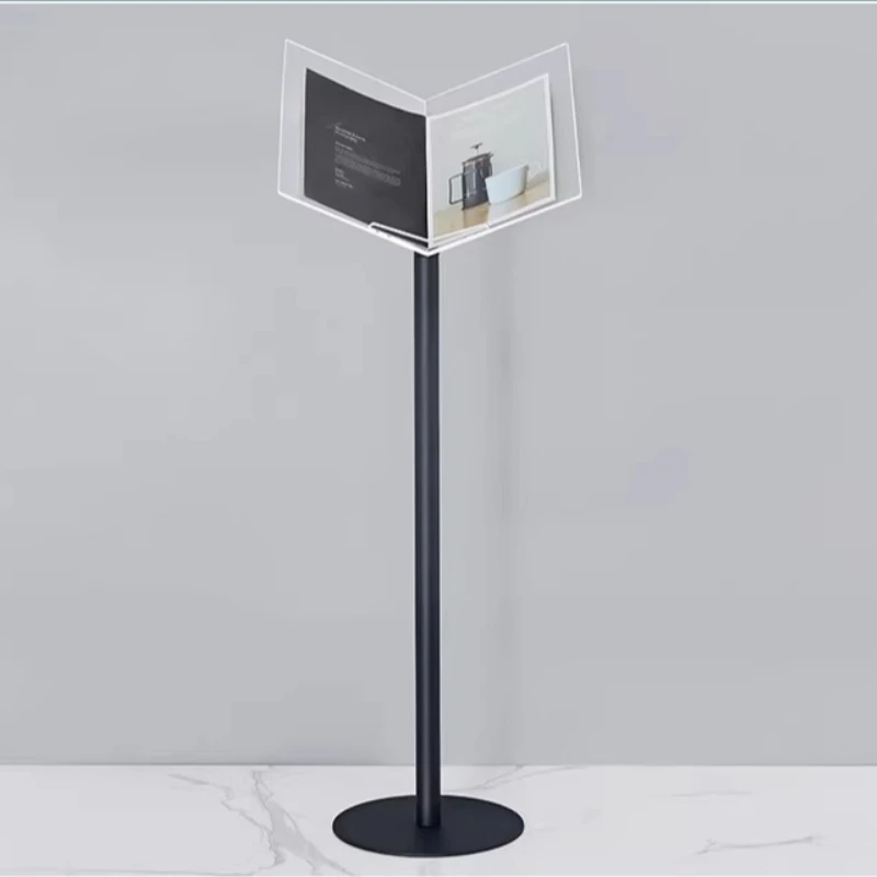 

Acrylic Floor Standing Magazine Rack Metal Page Turning Display Stand Exhibition Brochure Holder for Menu Restaurant Sign Holder