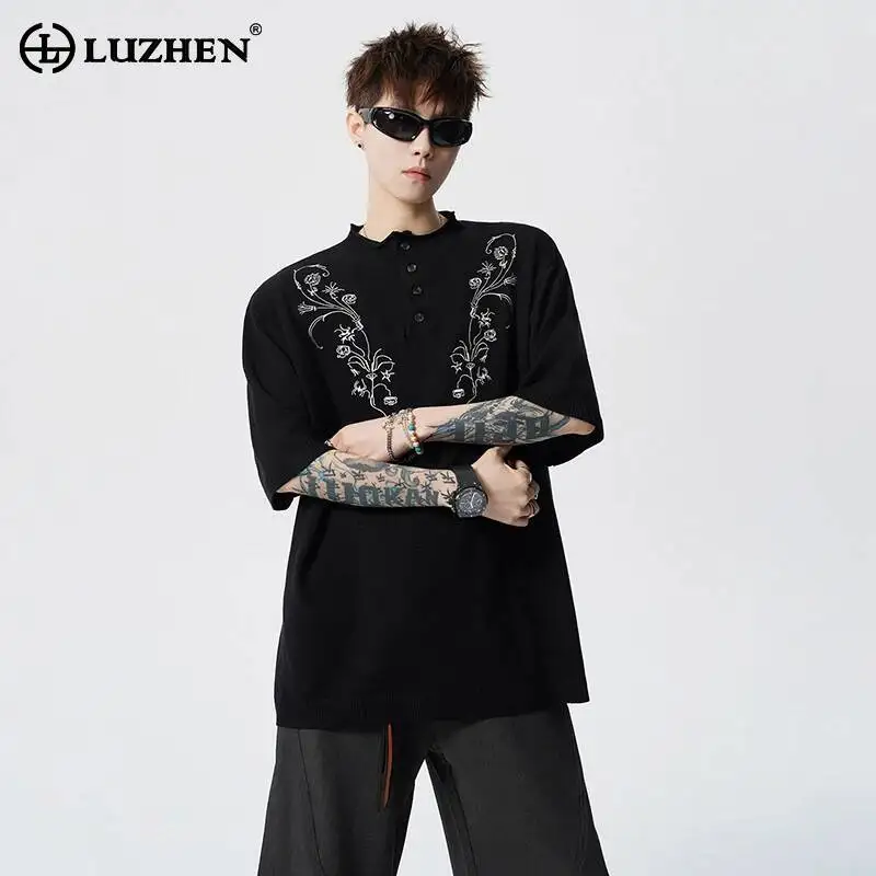 

LUZHEN 2026 Летняя мужская футболка с оригинальной вышивкой, короткий рукав, модный корейский свободный свитер с круглым вырезом, повседневный стиль JY6458