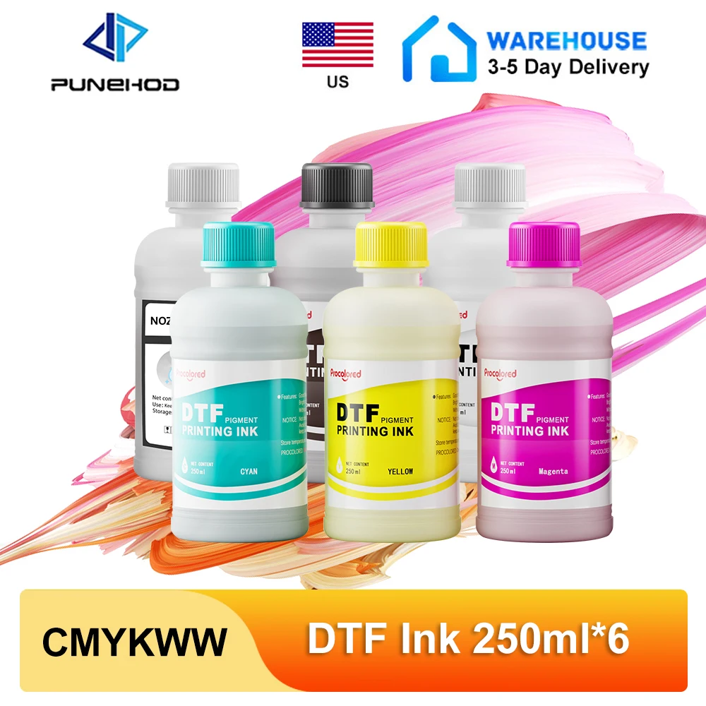 DTF Ink Set 250ml*6 CMYKWW DTF Transfer Ink For PET Film Direct Transfer Film Refill Ink for DTF Printers Epson L1800 L800 L805