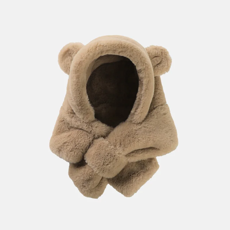 Winter Baby Hat Scarf One-Piece Faux Fur Infant Bonnet Cute Bear Warmer Neck Ears Kids Cap for Girls Boys Accessories