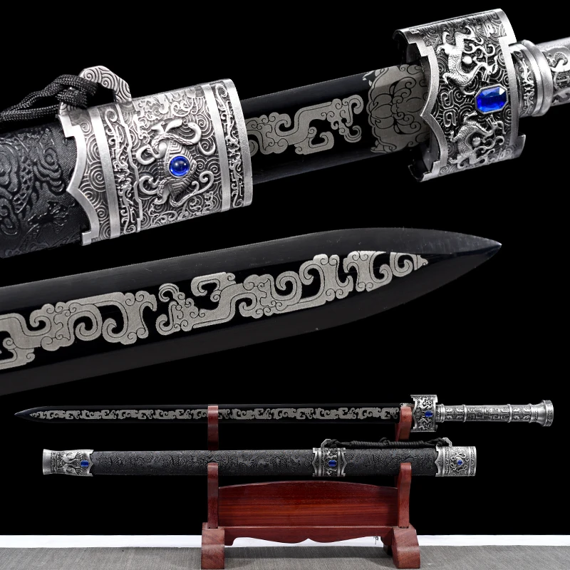 

Medieval Han Jian Sword High Manganese Blade Real Full Tang Sharp Ready Battle Black Samurai Swords Metal Handle Lord Katanas