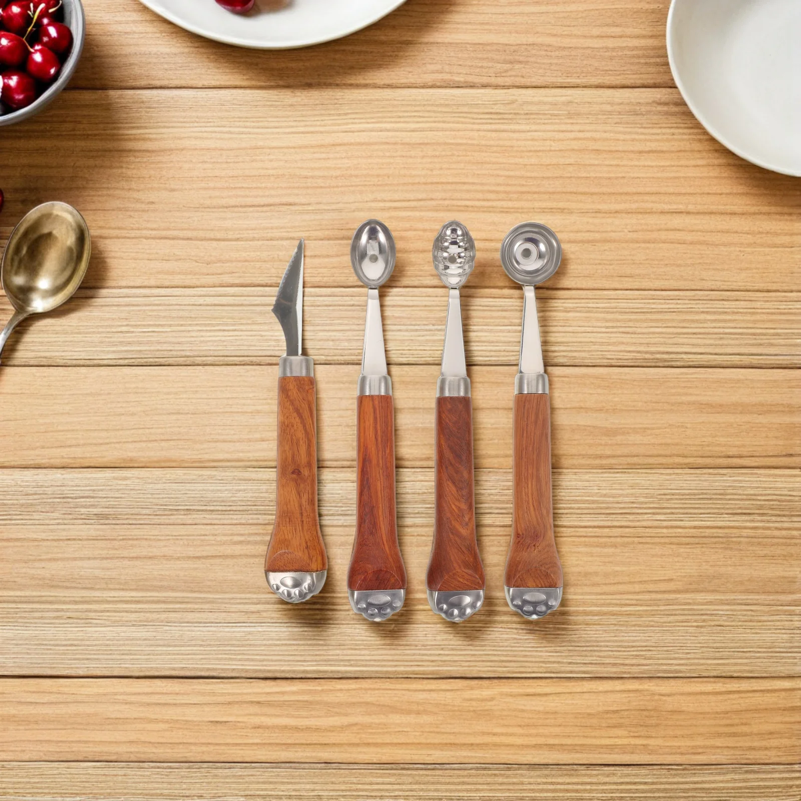 

4Pcs Tools Stainless Steel Melon Baller Scoop Set with Cat Paw Wood Handle for Watermelon Cantaloupe Baking