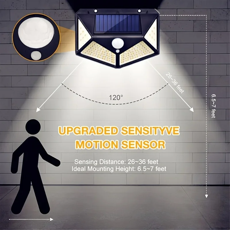 1~8Pcs 100LED Solar Lights with 270° Wide-Angle Motion Sensor 3 Modes Outdoor Waterproof Solar Wall Lights for Gate Yard Garage