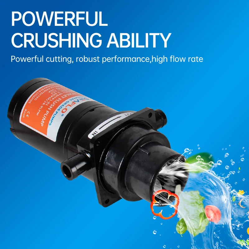 12V/24V Horizontal Toilet Macerator Sewage Pump with Electric Flushing, Flexible Impeller, 18.9LPM Open Flow for RV Marine Boat