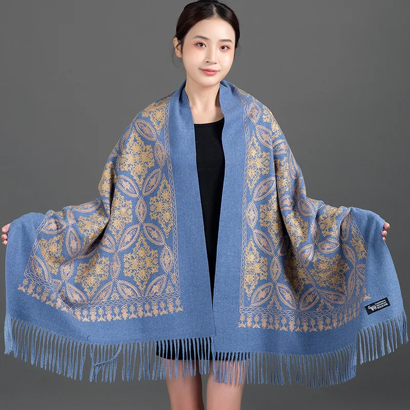 Thickened Double-Sided Embroidered Long Scarf Golden Thread  Style Shawl Versatile Autumn Winter Fashion Accessory 1