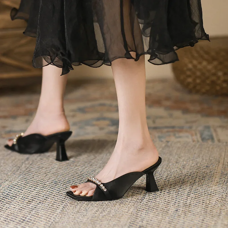 Shoes Summer Women Sandals Silk Rhinestone High Heels Square Toe 5CM Sandles Casual Heels Mature Shoes Women's champagne Sandals