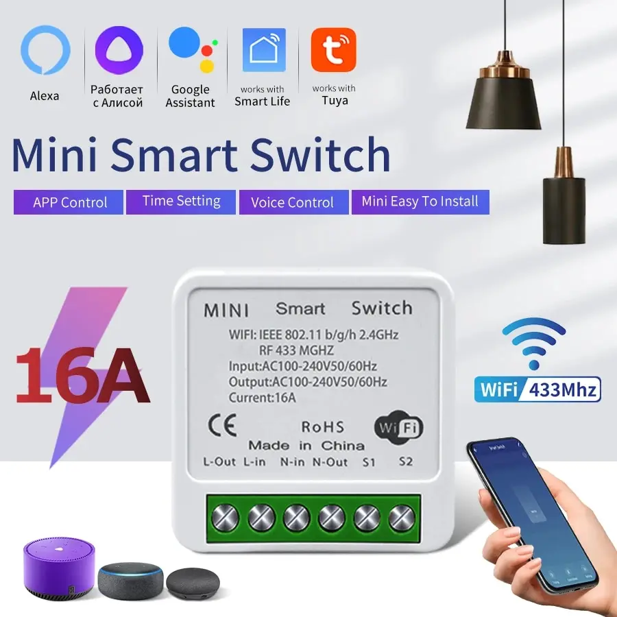 16A 433MHz Tuya WiFi Mini Smart Switch Module 2-way Control Work With Tuya Smart Life App Alexa Google Home Voice Control